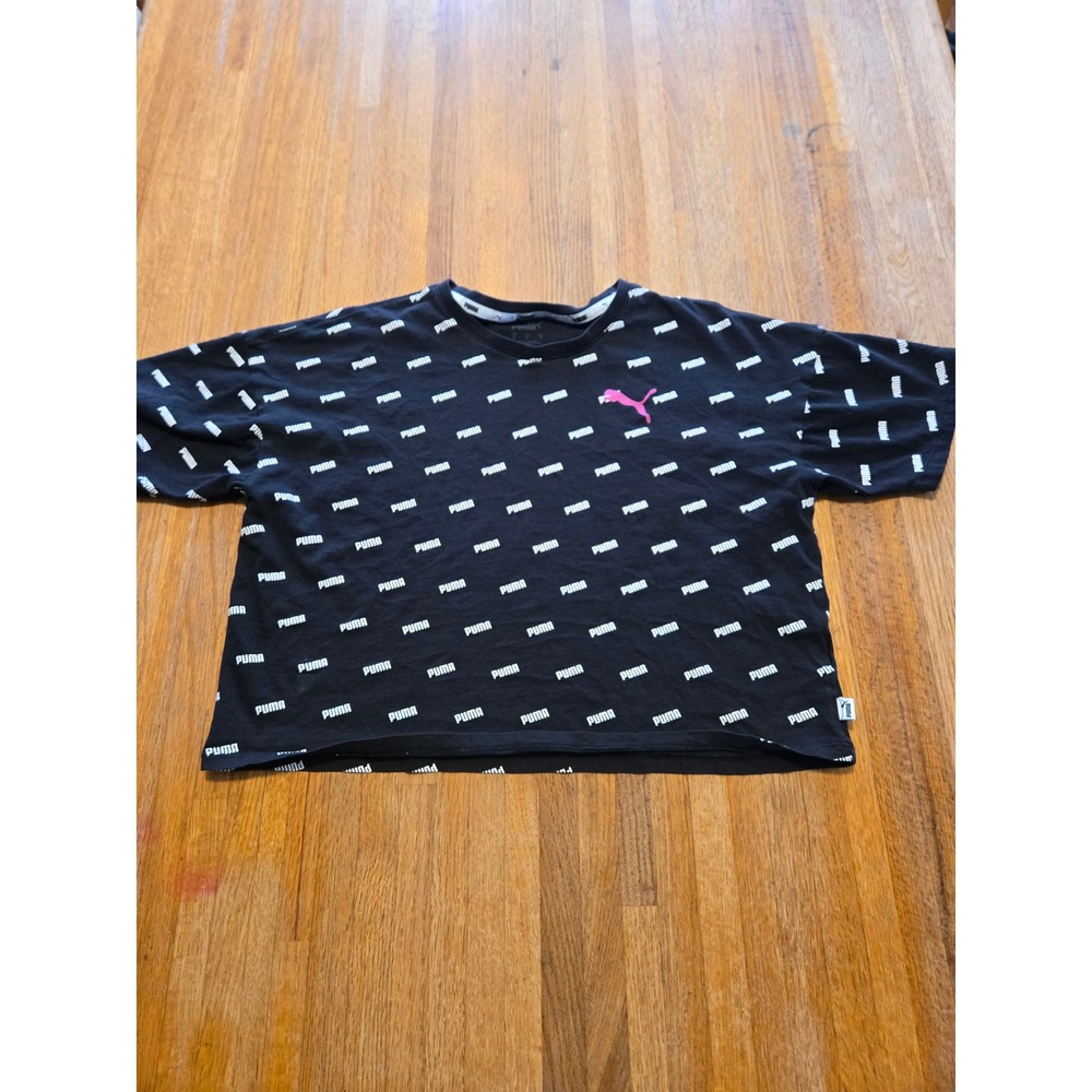 Puma Women Small Black Pink All-Over Print Logo Oversized Boxy Cropped‎ Top